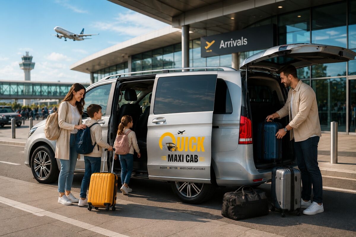 Driver helping a family with luggage beside an 11 seat maxi taxi at Melbourne Airport arrivals