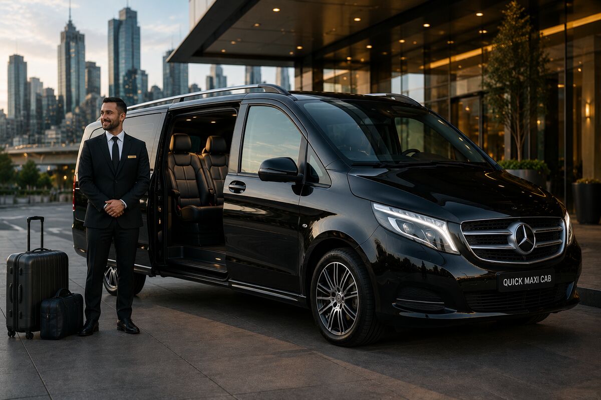 Uniformed Quick Maxi Cab driver beside a black corporate maxi taxi in Melbourne