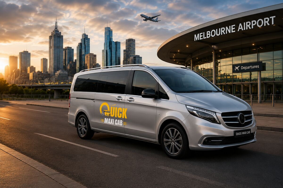 Quick Maxi Cab maxi taxi waiting outside Melbourne Airport at sunrise
